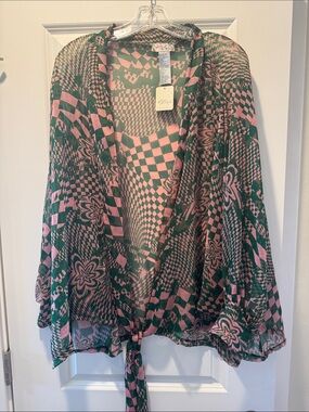 Free People Pink and Green Funky  Floral Sheer Tunic